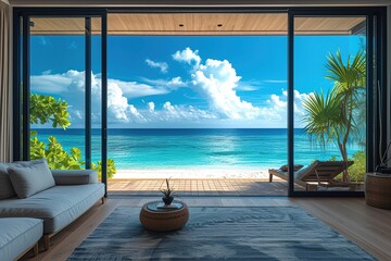 beautiful home interior space with black living room wooden floor with ocean seaside blue sky sea sand beach summer freshness travel season window view house design tropical style