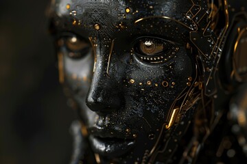 Female robot with black skin and golden eyes. Robot made of metal on a dark background
