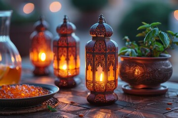 An enchanting display of Moroccan lanterns casting a warm glow alongside a potted plant and orange beads