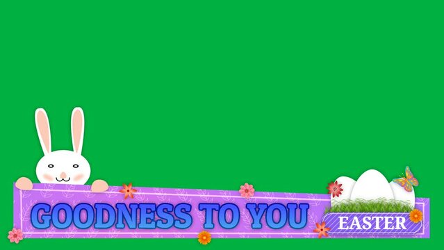 Goodness to you animated clip with flowers, bunny, eggs and beautiful butterfly on green screen.
