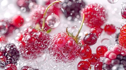 Strawberries, blackberries, currants, raspberries in splashes of water on a white background, commercial shot, banner