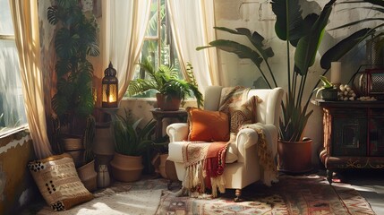 Boho-Chic Living Room Corner Filled with Global Textiles, Moroccan Lantern and Tropical Plants