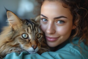 An intimate close-up of a woman with a Maine Coon cat highlighting the feline-human bond