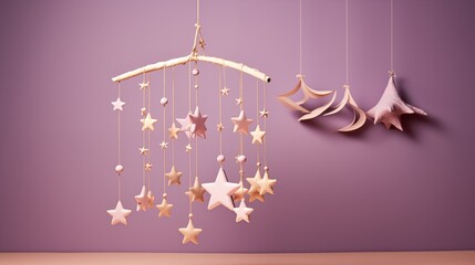 A happy mobile of hanging stars and moons above a baby crib against a soothing lavender background. - obrazy, fototapety, plakaty