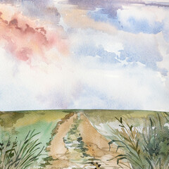 Fields and skies landscape. Countryside watercolor painting.  