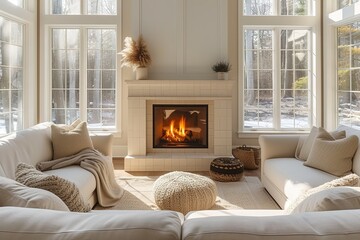 Beautiful living room interior with hardwood floors and fireplace in new luxury home