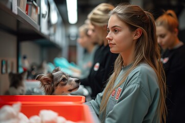 Focused volunteer works with a cute dog in a shelter setting