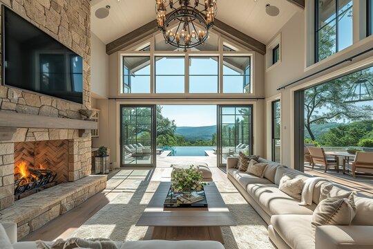 Beautiful living room in new luxury home. Features vaulted ceilings, stone fireplace surround, chandelier, fireplace with roaring fire, and gorgeous exterior view with infinity pool and valley.