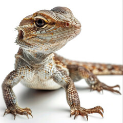 Close-up of a central bearded dragon lizard with detailed scales and spikes against a white background.