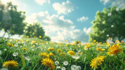 Foto op Canvas A charming meadow filled with vibrant green grass and yellow dandelion flowers © olegganko