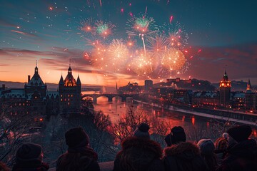 Fototapeta na wymiar Spectacular fireworks display bursting over a historic city skyline and frozen river, witnessed by winter-clad spectators