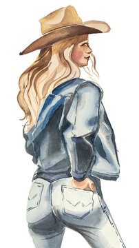 Cowgirl illustration.Western or rodeo concept woman portrait. Watercolor counry woman painting,