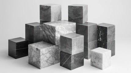 Marble cubes arranged in geometric formation on a uniform backdrop