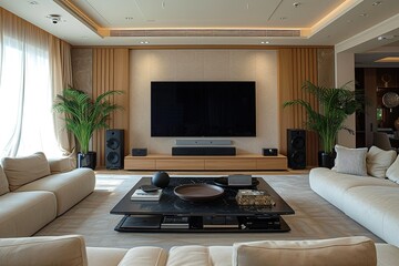 Big Tv In A Living Room. Elegant living room with big tv screen.