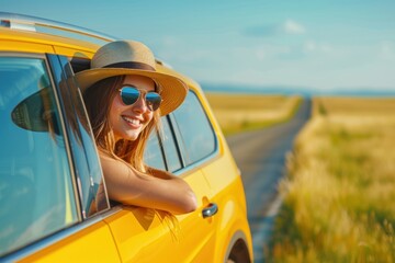 Happy woman enjoying a car journey on a summer road trip, happy young smiling girl wearing sunglasses and a hat sitting on the car window open leaning out from the car door looking at the landscape 