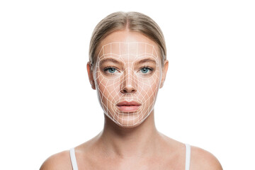 Cute female face with healthy skin and cosmetology lines, medicine and plastic surgery concept