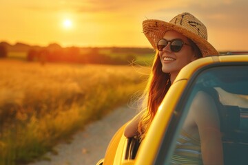 Happy woman in hat and sunglasses leaning out of the window from behind yellow car on country road,...