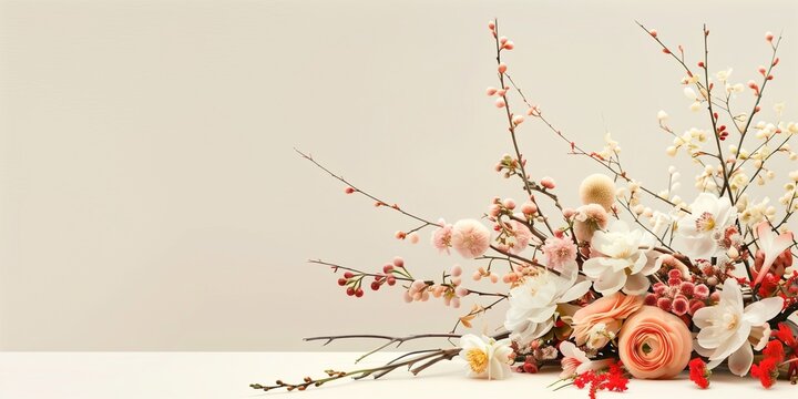 arrangement of flowers in minimalistic style isolated on solid background