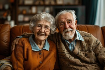 Cheerful senior couple watching TV at home