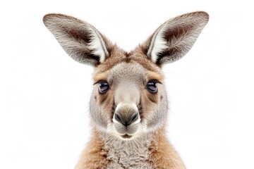 Fototapeta premium Closeup of curious kangaroo looking directly at camera against white background with copy space