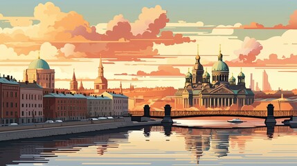 Beautiful aerial view of Saint Petersburg, Russia. Architecture and landmarks of city, famous travel destination, postcard concept, illustration