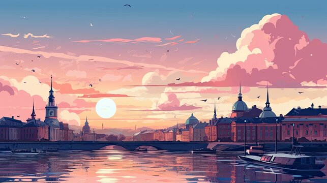 Panorama of Saint Petersburg, Russia. Architecture and landmarks of city, travel or postcard concept, illustration