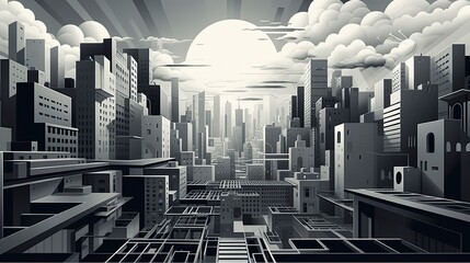 Abstract contemporary city background. Cityscape skyline, dramatic sky. Grey toned 3d illustration