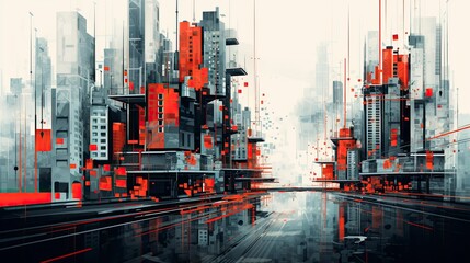 Beautiful, dramatic, abstract, elegant and subtle retro-inspired background futuristic city in grey and red colors, illustration