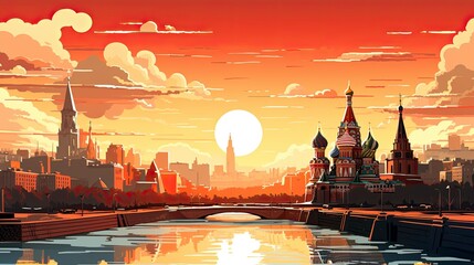 Moscow Kremlin and St Basil's Cathedral, panorama of Red Square, Moscow, Russia. Top tourist destination in Moscow, symbol of Russia. Beautiful view of heart of Russian capital, illustration