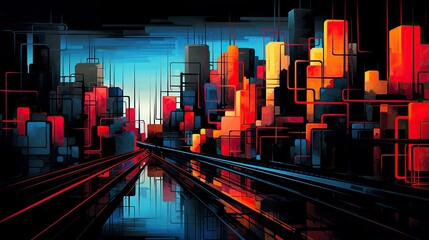 City street, graphic concept, dark colorful illustration art
