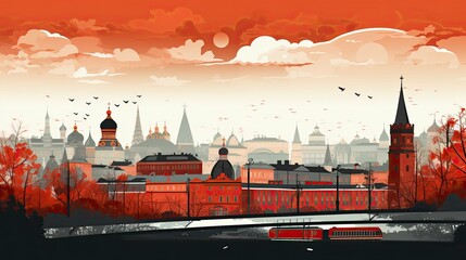 Panoramic view of the Red Square with the Moscow Kremlin and St. Basil's Cathedral, Moscow, Russia. Famous sights of Moscow. Beautiful panorama of the heart of Moscow, illustration