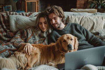 Couple chill dog love home lifestyle dwelling laptop leisure