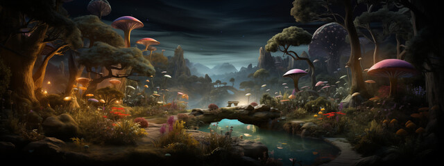 Fantasy Mushroom Glade with Luminous Flora - obrazy, fototapety, plakaty