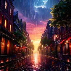 
Write a scene where a sudden downpour of rainbow-colored rain transforms an ordinary street into a...