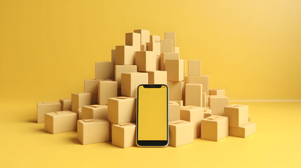 Smartphone with group of cardboard boxes on yellow background. Mock up design. Delivery