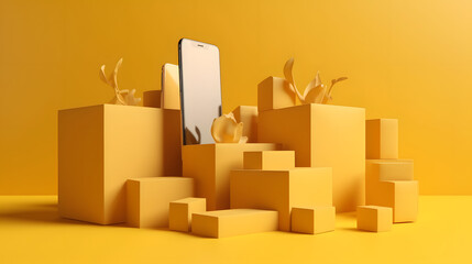 Smartphone with group of cardboard boxes on yellow background. Mock up design. Delivery