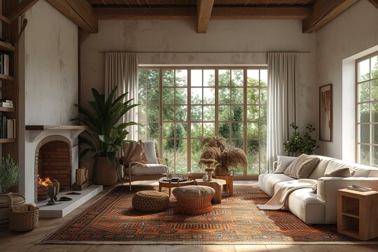 Cozy farmhouse living room interior, 3d render