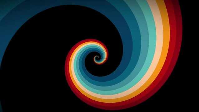 Vintage Striped Background, Retro Colors from the 1970s 1980s, 70s, 80s, 90s. Music cover dance party animation design, seamless loop spiral. Concept: spiral, vortex, twist, twirl, hypnosis, rotation