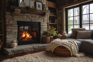 Cozy living room fireplace details.