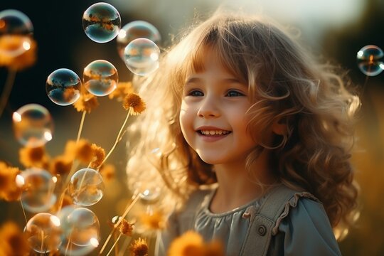 Young girl happily blowing soap bubbles amidst colorful flowers under clear blue sky, children