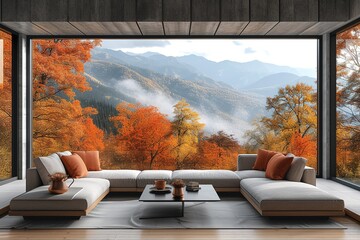 Cozy living room with a panoramic window overlooking the autumn mountains and forest. Front view of...