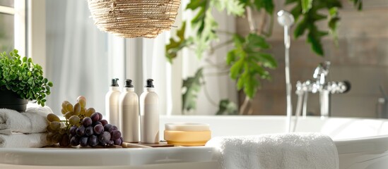 White tub and bodycare products in a bathroom interior with a grape-shaped hanging lamp. - obrazy, fototapety, plakaty