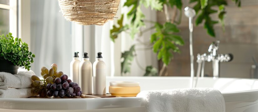 White tub and bodycare products in a bathroom interior with a grape-shaped hanging lamp.