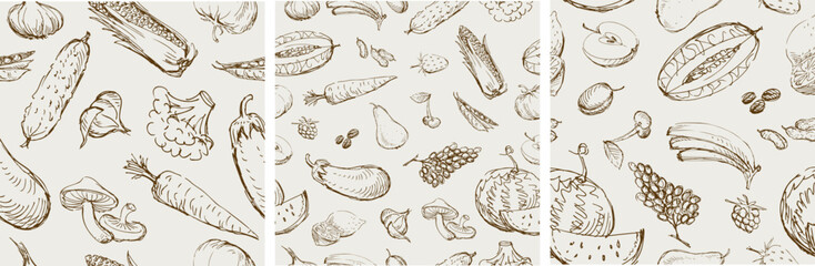 Ripe vegetables and fruits sketches seamless patterns, contour hand drawings, vector backgrounds, paper,wallpaper,textile, fabric - 759655508