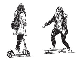 Students girls two teenagers active, sports, scooter, skateboard, sketches, vector hand drawings isolated on white - 759655539
