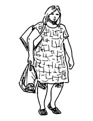 Towns woman casual with handbag and shopping bag walking alone outdoors on summer day, vector sketch isolated on white - 759655564