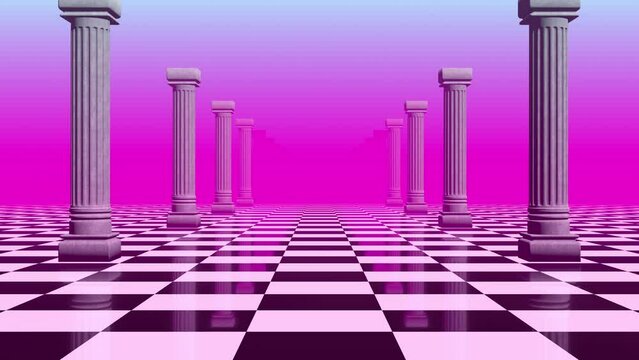 Aesthetic landscape with colonnade of white pillars with surreal black and white checkered floor. 90s or 80s styled vaporwave background with pastel pink and blue sunset colors. Eighties vinrage style