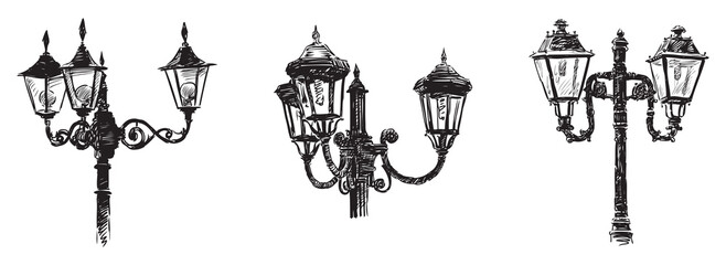 Streetlights architectural details vintage double triple retro style metal glass lantern set, vector hand drawings isolated on white - 759655750