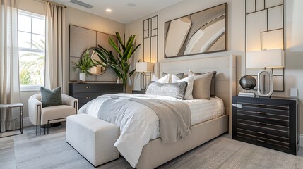 Modern style large bedroom featuring a statement upholstered headboard and a sleek dresser with geometric accents