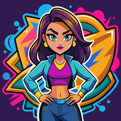 Sticker featuring a stylish girl striking a confident pose against a backdrop of vibrant graffiti, adding urban flair to t-shirt designs